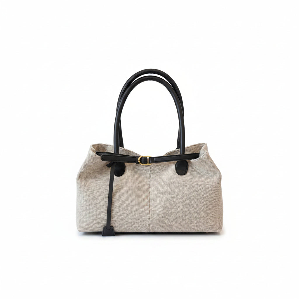 Natural Linen Tote Bag with Black Leather Belt Detail