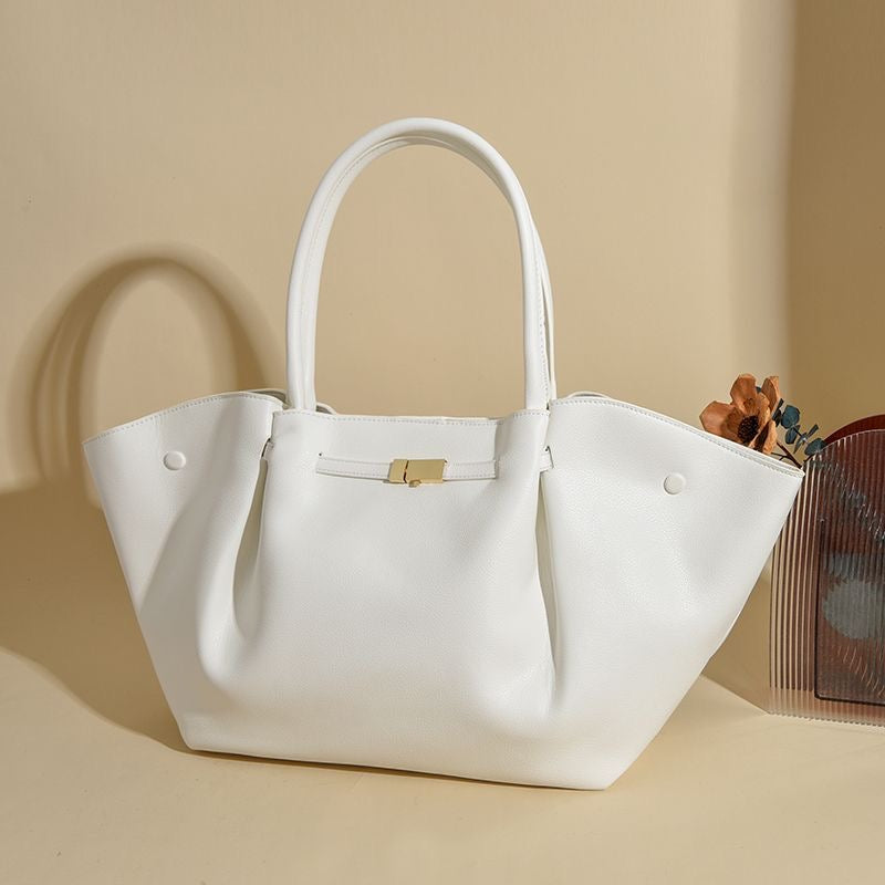 White Leather Winged Tote Bag with Gold Turn-Lock