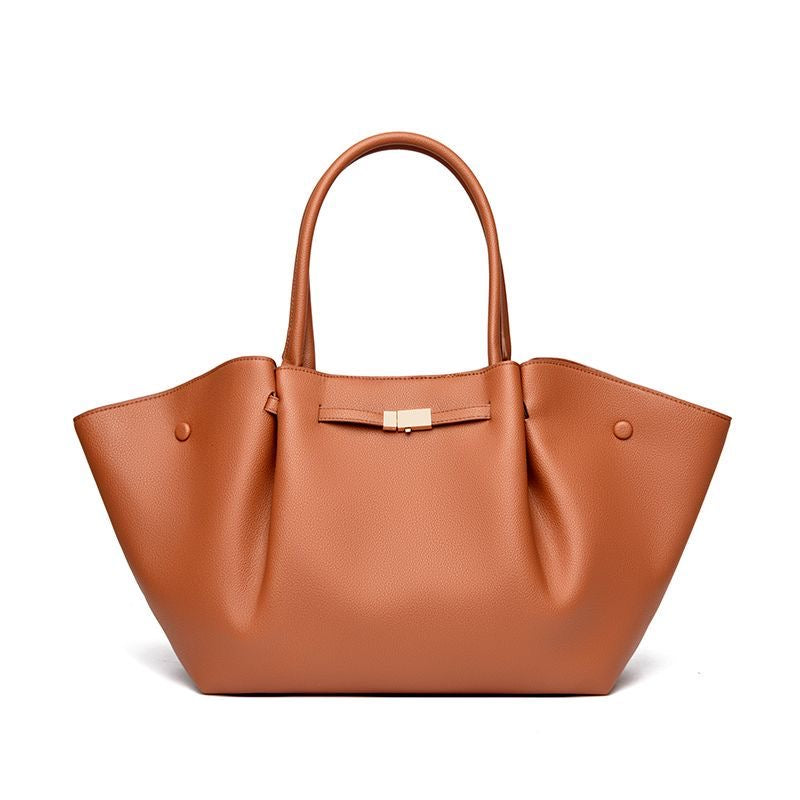 Tan Leather Winged Tote Bag with Bow Clasp