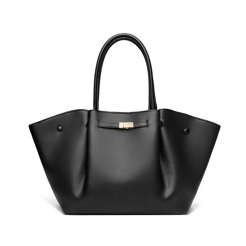 Black Leather Winged Tote Bag with Bow Clasp