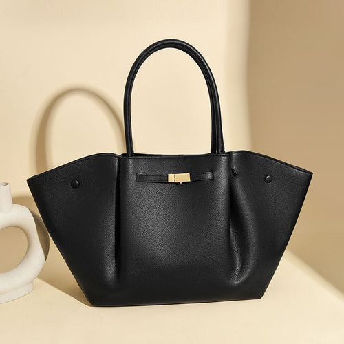 Black Leather Winged Tote Bag with Bow Clasp