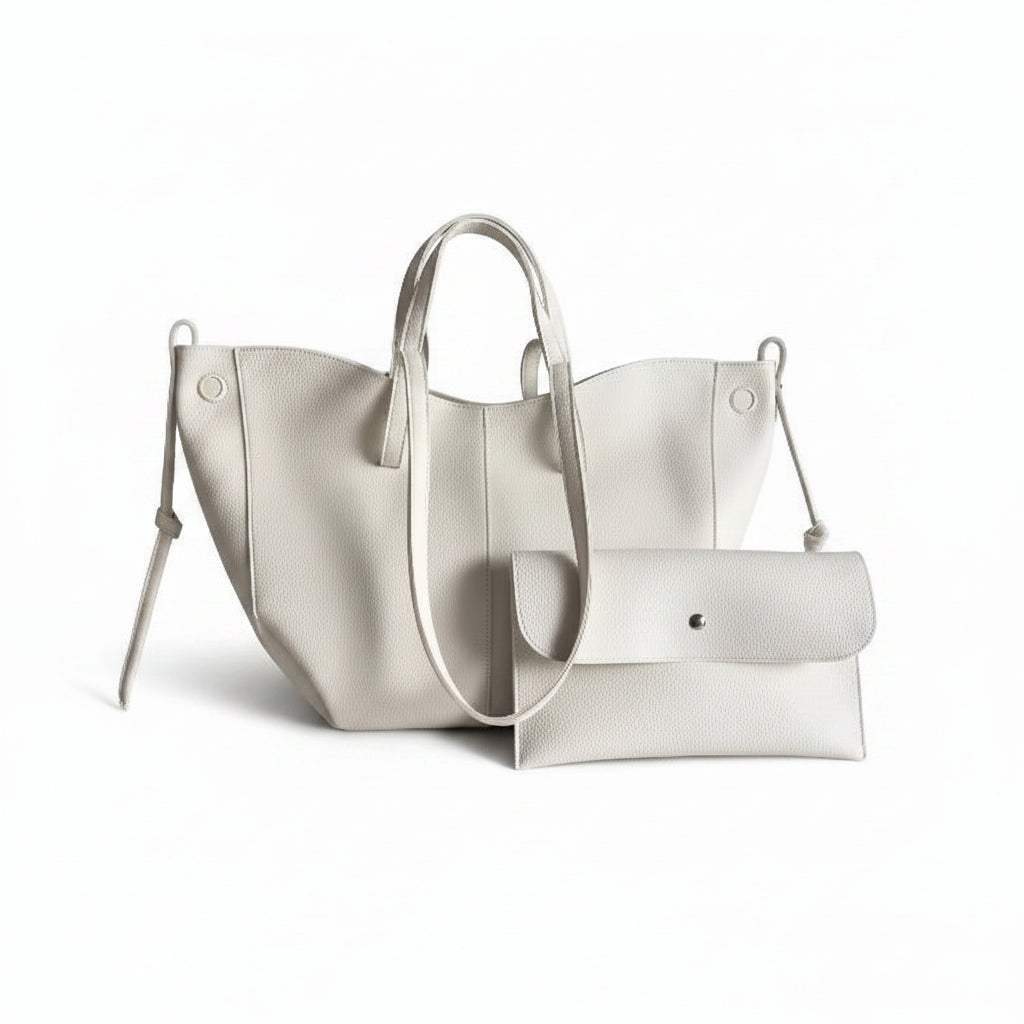Cream Pebbled Leather Tote Bag with Clutch Set