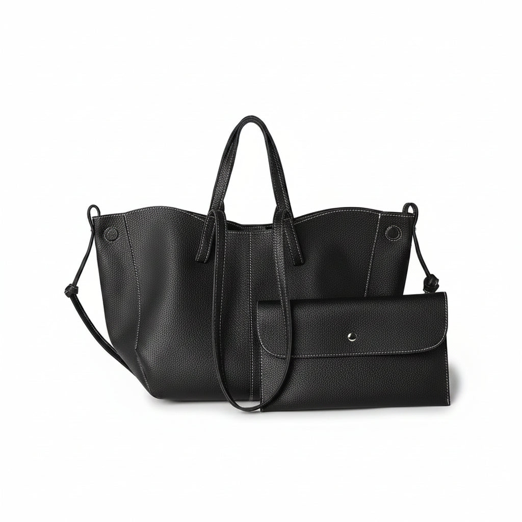 Black Pebbled Leather Tote Bag with Clutch Set