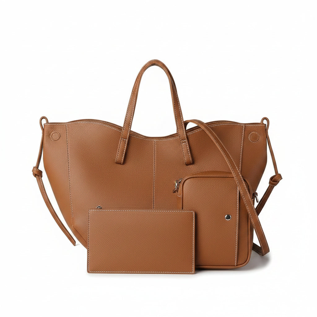 Tan Camel Leather 3-Piece Bag Set