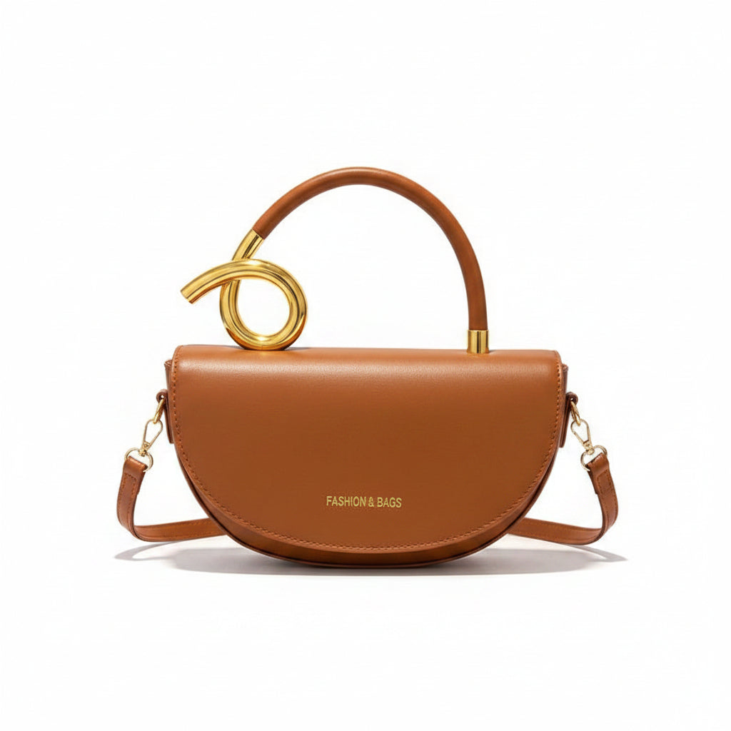 Tan Sculptural Loop Handle Saddle Bag