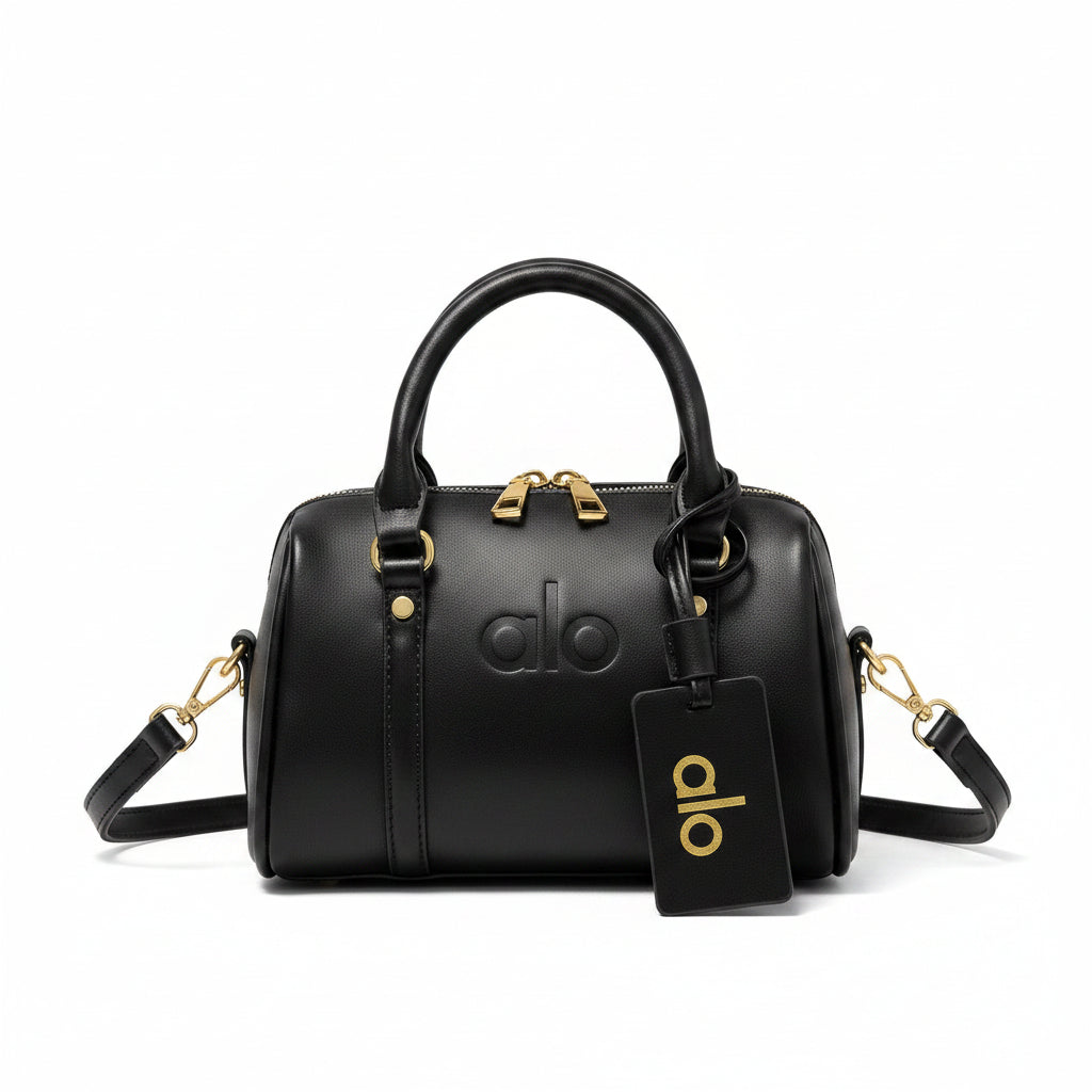 Black Leather Mini Boston Bag with Gold Zip