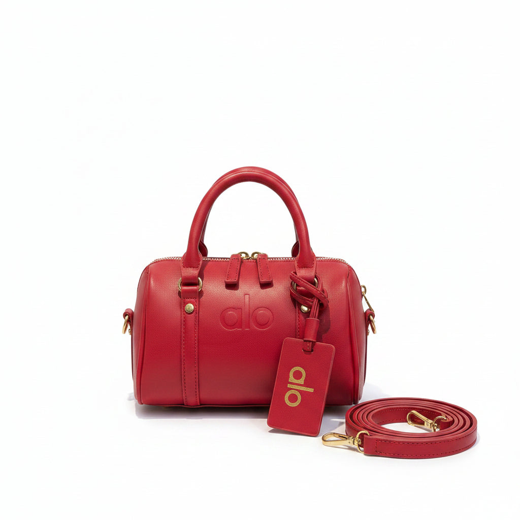 Red Leather Mini Boston Bag with Gold Zip