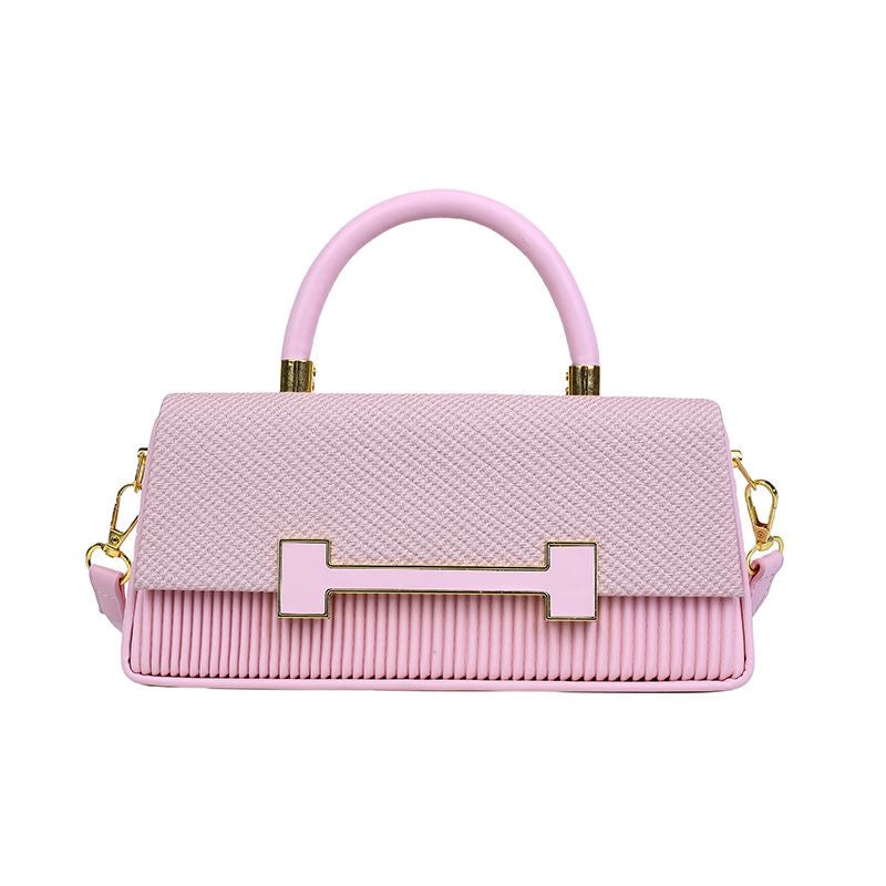 Pink Woven Texture H-Clasp Top Handle Bag