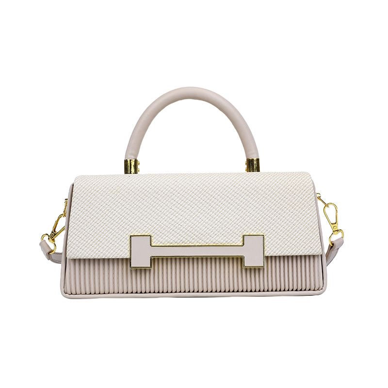 Cream Woven Texture H-Clasp Top Handle Bag