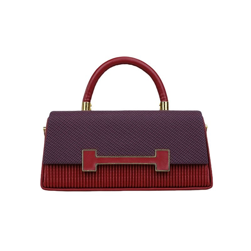 Burgundy Woven Texture H-Clasp Top Handle Bag