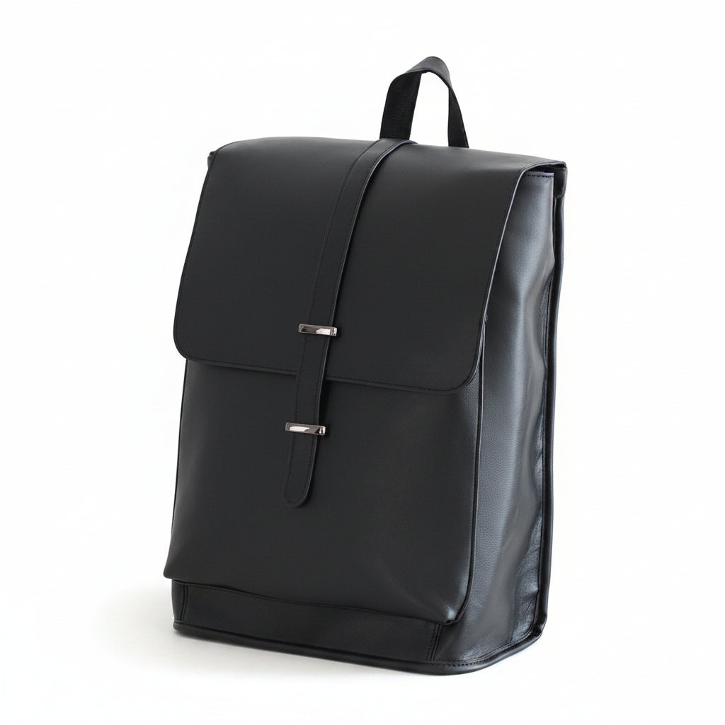Men's All-Black Leather Backpack with Silver Pin-Bar Closure
