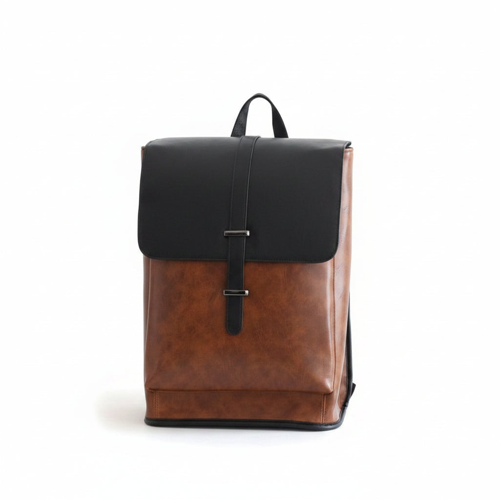 Men's Two-Tone Leather Backpack – Tan Brown & Black