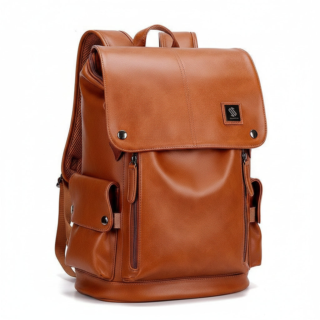 Men's Vintage Cognac Leather Backpack with Multi-Pocket Design