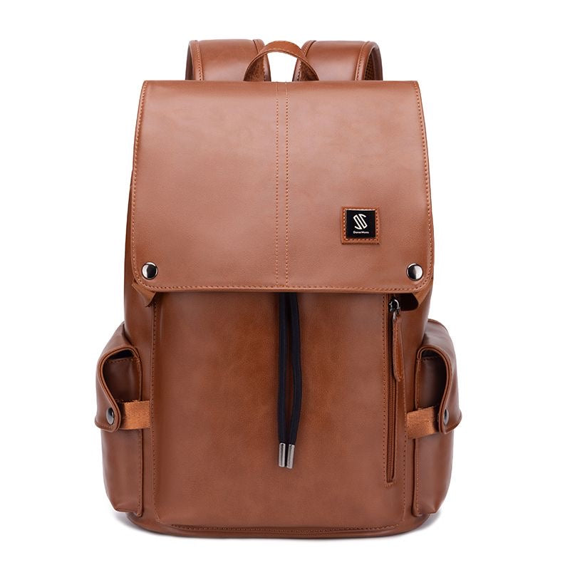 Men's Vintage Cognac Leather Backpack with Drawstring Zip Pocket