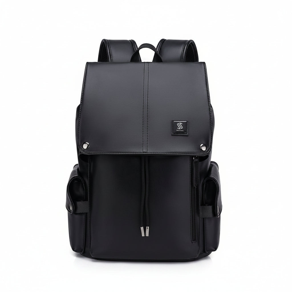 Men's All-Black Vintage Leather Backpack with Drawstring Zip Pocket