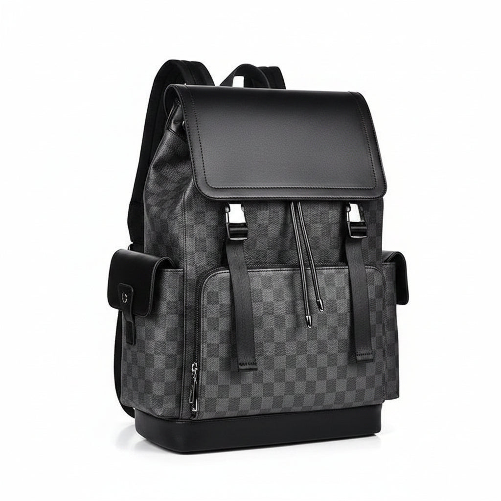 Men's Luxury Checkerboard Monogram Backpack with Leather Flap Top
