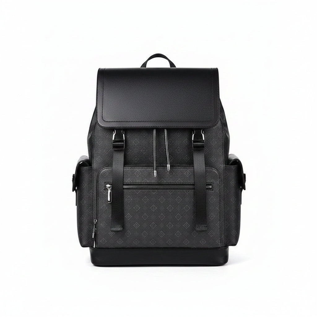 Men's All-Black Tonal Monogram Backpack with Leather Flap & Silver Hardware