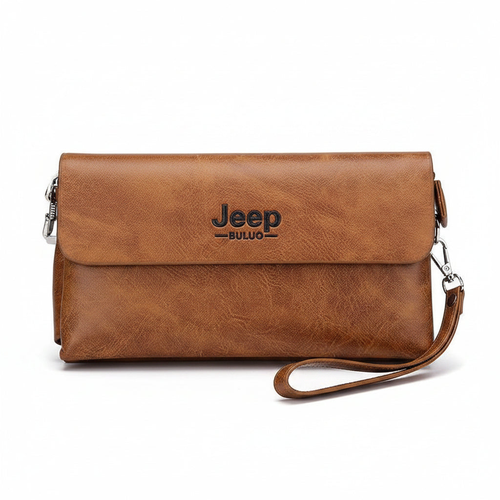 Men's Tan Leather Clutch Bag with Wrist Strap & Zip Closure