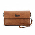 Men's Tan Leather Clutch Bag with Wrist Strap & Zip Closure