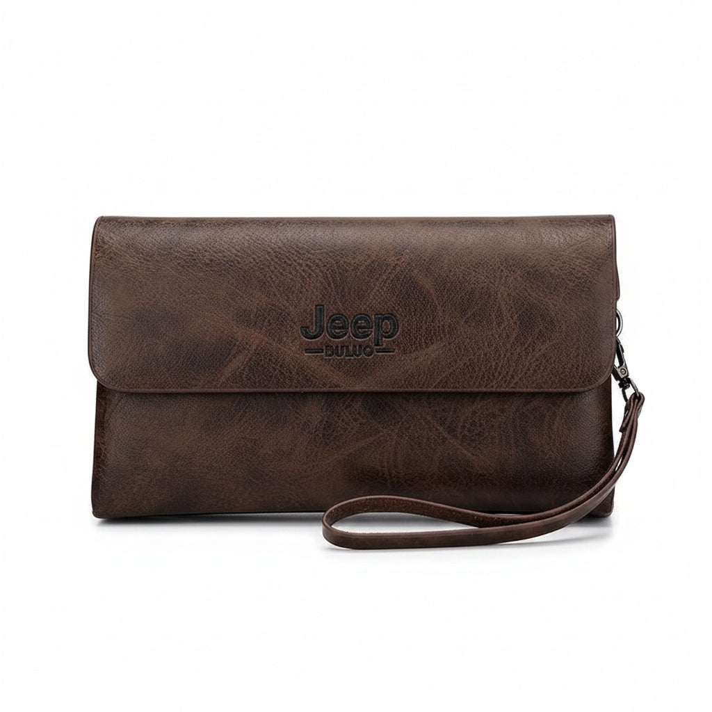 Men's Dark Brown Leather Clutch Bag with Wrist Strap & Zip Closure