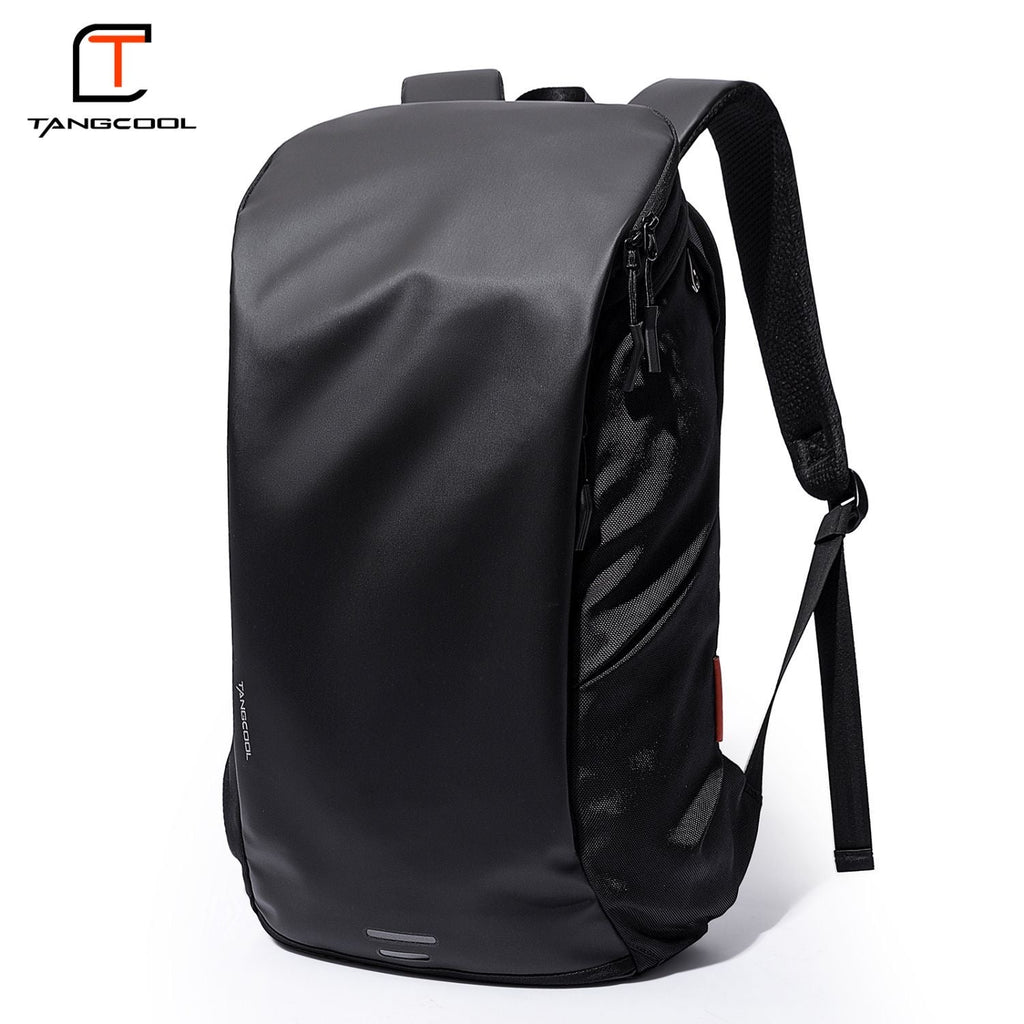 Men's Waterproof Matte Black Tech Backpack with Reflective Strip & Mesh Side Pocket