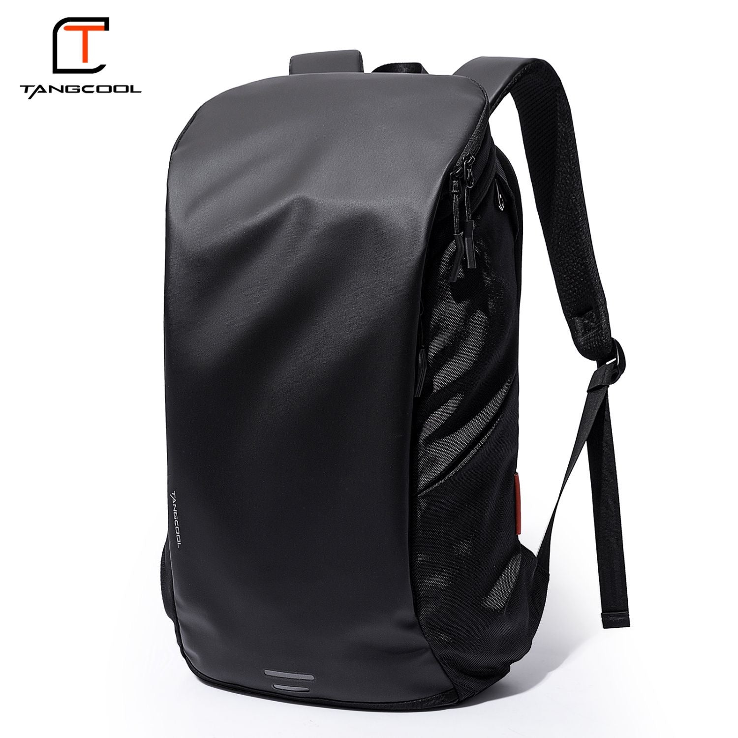 Men's Waterproof Matte Black Tech Backpack with Reflective Strip & Mesh Side Pocket