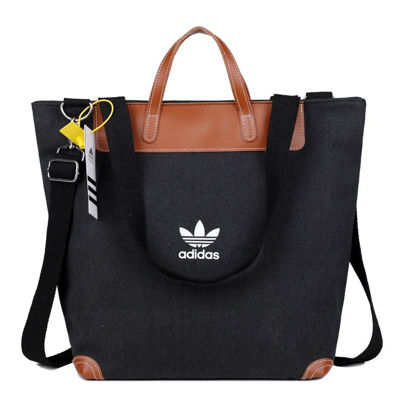 Canvas & Leather Trim Tote Bag with Crossbody Strap – Black