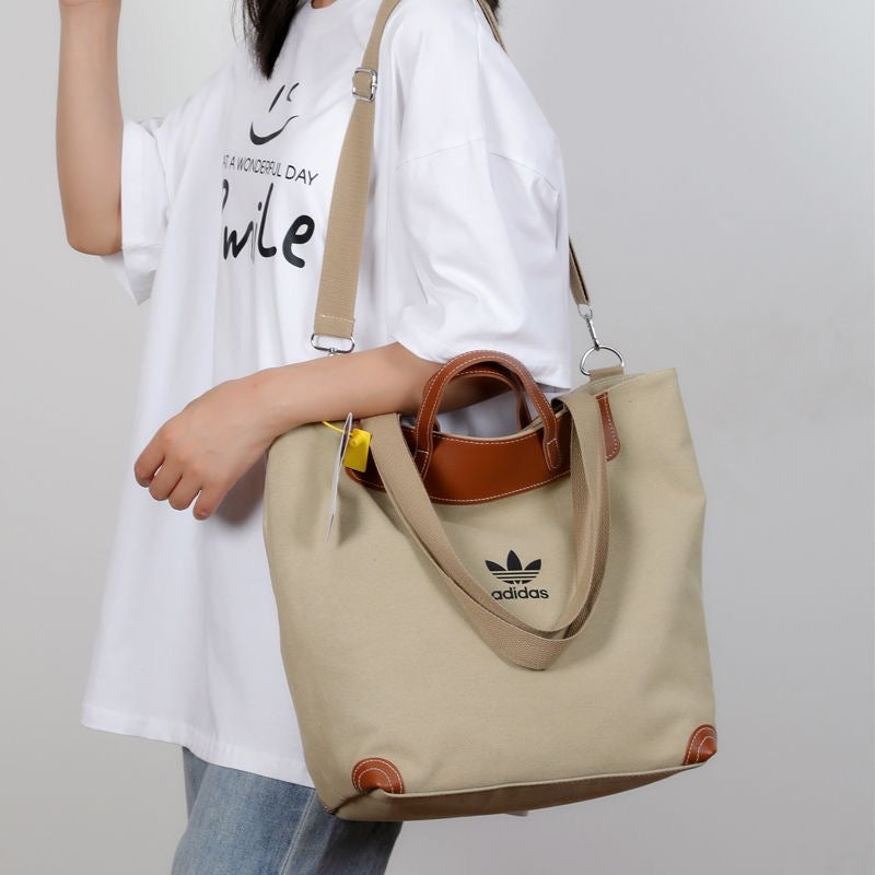 Canvas & Leather Trim Tote Bag with Crossbody Strap – Warm Cream