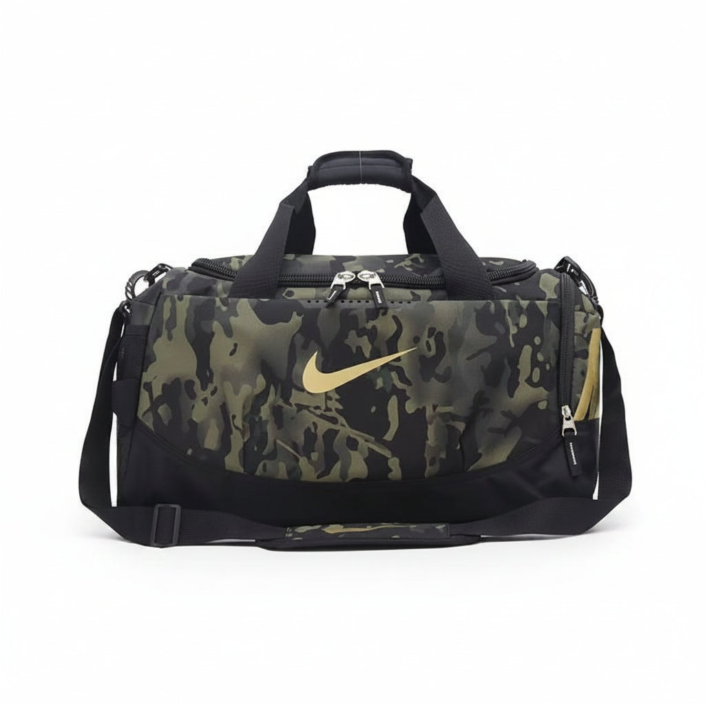 Men's Camo Print Sports Duffle Gym Bag with Gold Swoosh & Shoulder Strap