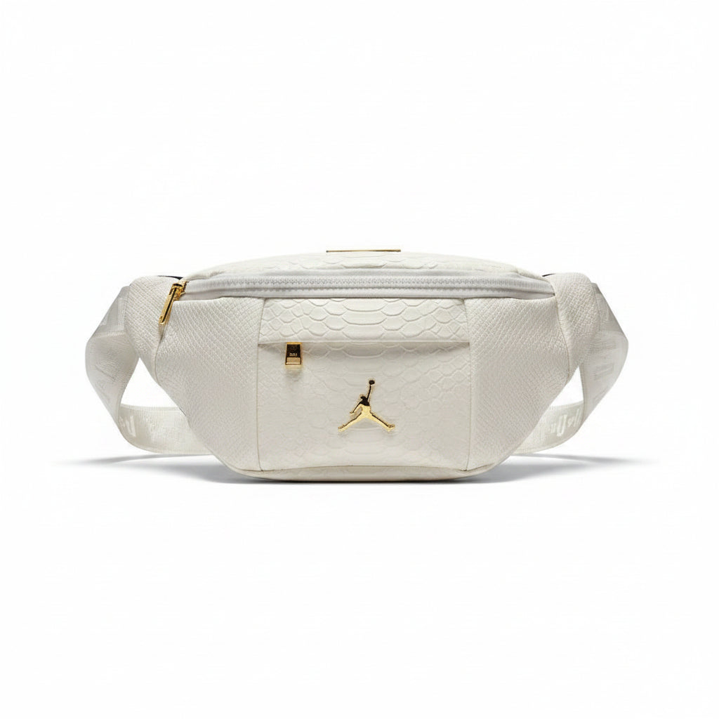 Cream Snakeskin Embossed Crossbody Belt Bag with Gold Jumpman Logo