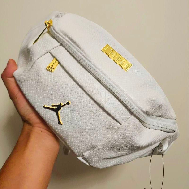 Cream Snakeskin Embossed Crossbody Belt Bag with Gold Jumpman Logo