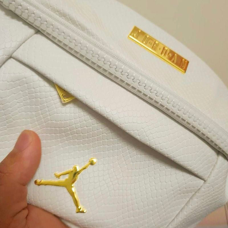 Cream Snakeskin Embossed Crossbody Belt Bag with Gold Jumpman Logo