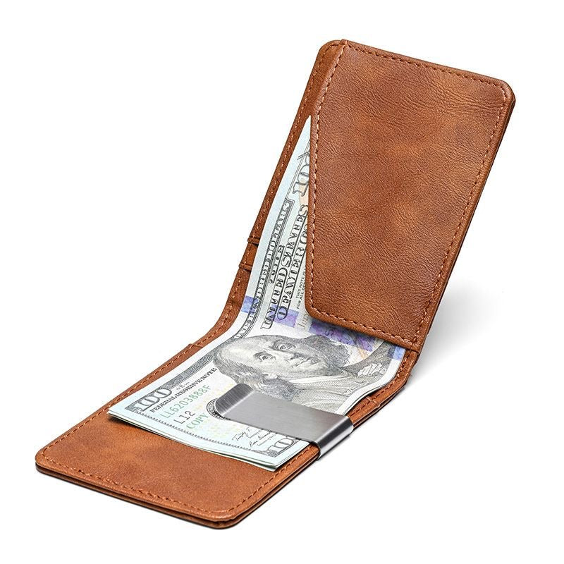 Men's Tan Leather Slim Money Clip Wallet with Front Card Slot