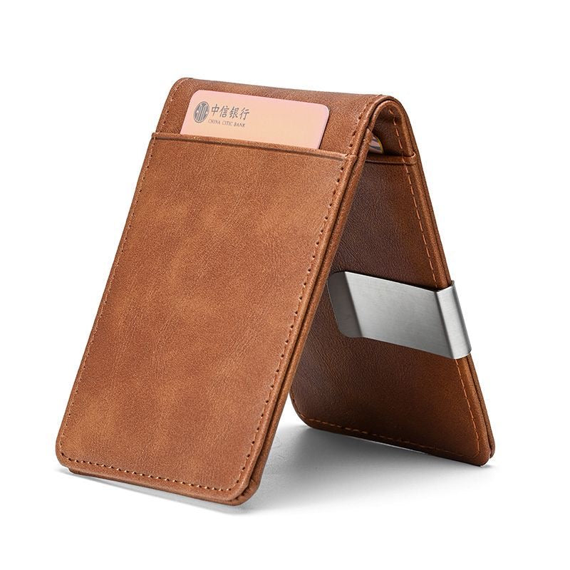 Men's Tan Leather Slim Money Clip Wallet with Front Card Slot