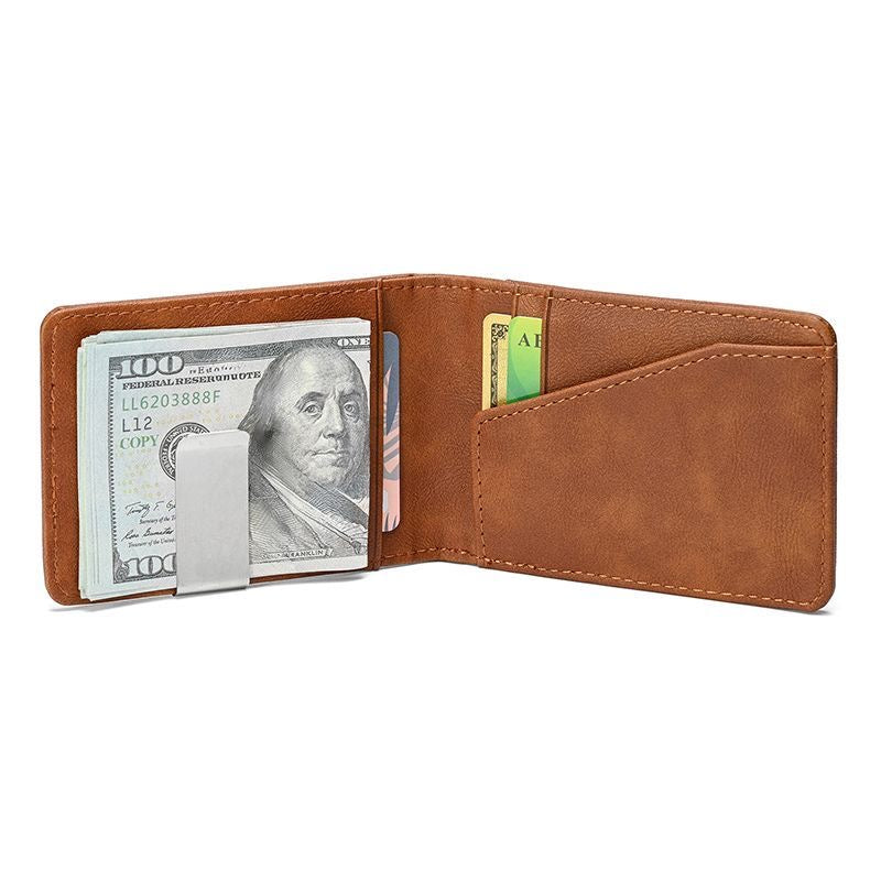 Men's Tan Leather Slim Money Clip Wallet with Front Card Slot