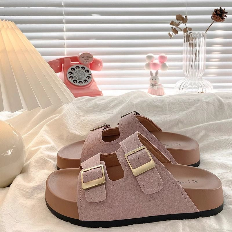 Suede Double-Strap Slide Sandals — Dusty Mauve
