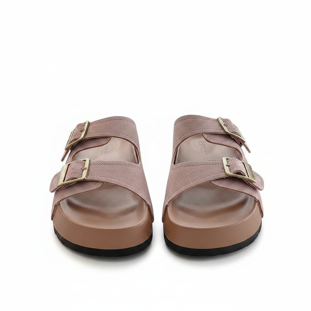 Suede Double-Strap Slide Sandals — Dusty Mauve