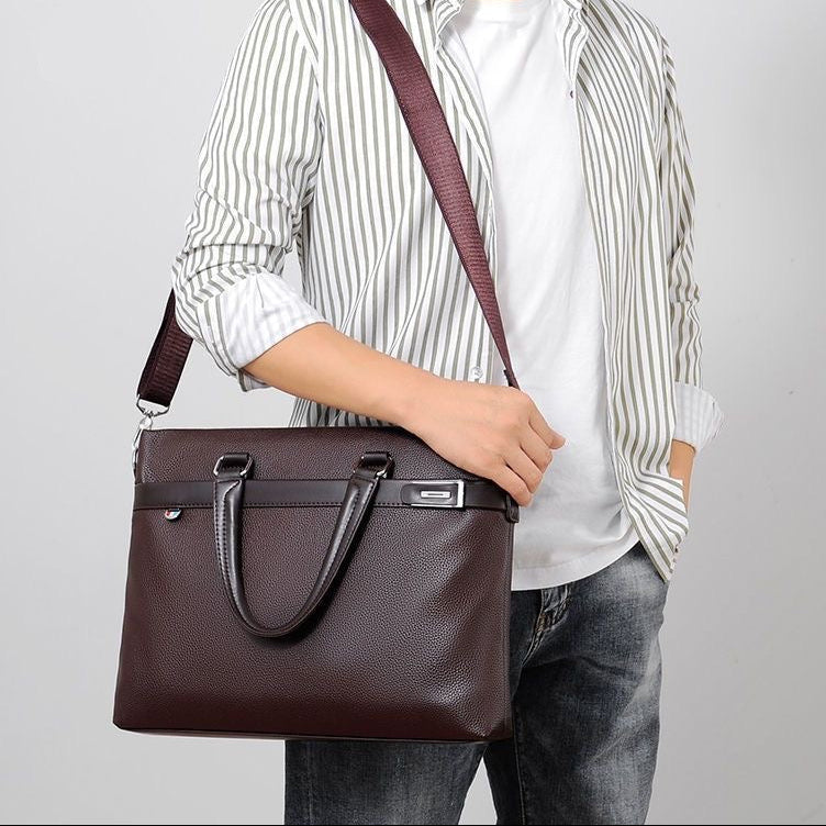 Men's Textured Leather Briefcase — Dark Brown