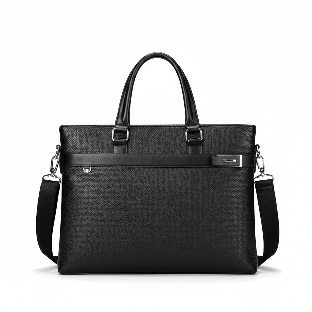 Men's Textured Leather Briefcase — Black