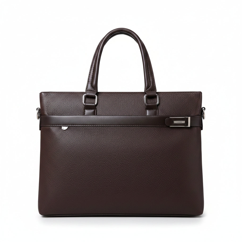 Men's Textured Leather Briefcase — Dark Brown
