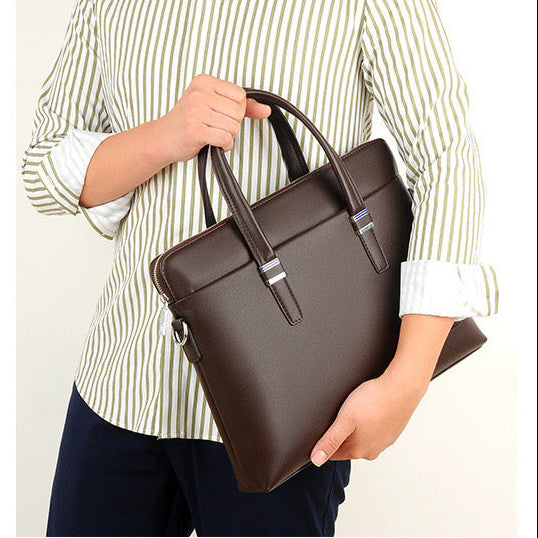 Men's Smooth Leather Briefcase with Blue Accent — Brown