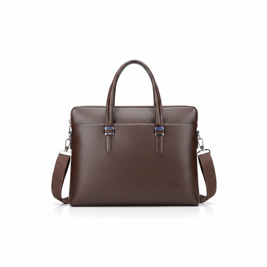Men's Smooth Leather Briefcase with Blue Accent — Brown