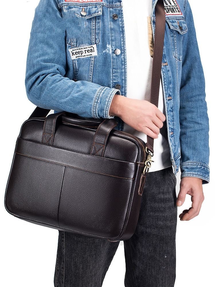 Men's Genuine Pebbled Leather Briefcase — Espresso Brown