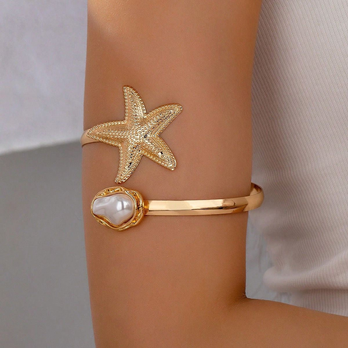 Gold Starfish & Baroque Pearl Open Cuff Bangle