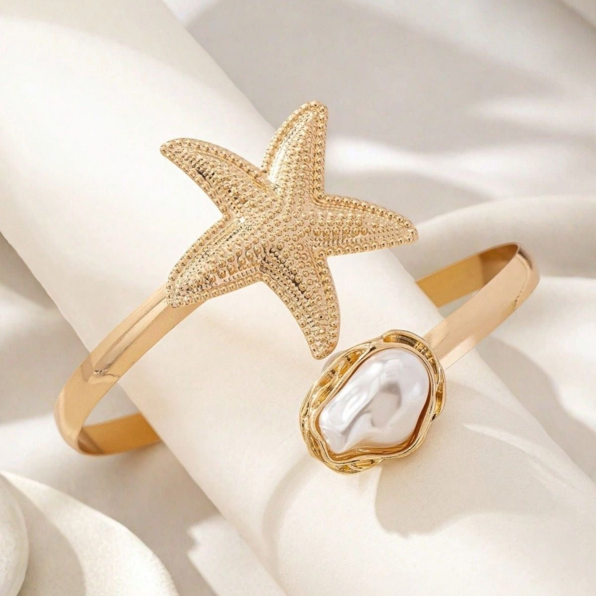 Gold Starfish & Baroque Pearl Open Cuff Bangle