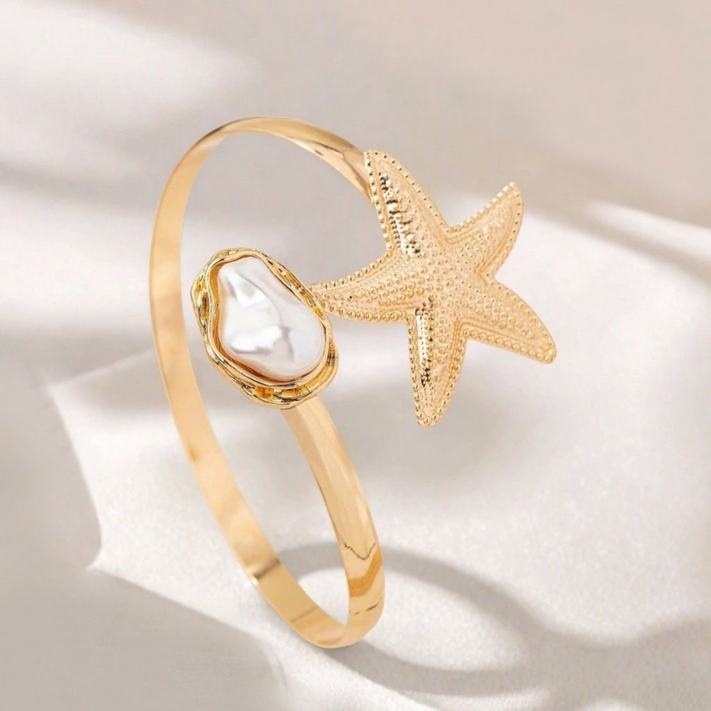 Gold Starfish & Baroque Pearl Open Cuff Bangle