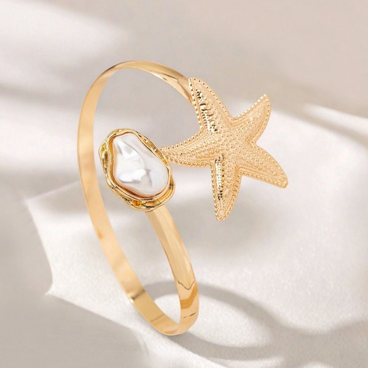 Gold Starfish & Baroque Pearl Open Cuff Bangle