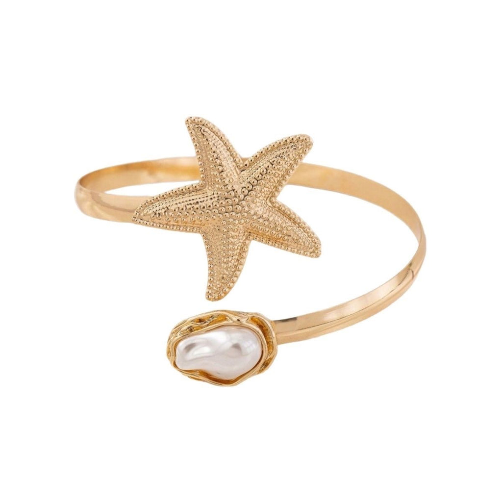 Gold Starfish & Baroque Pearl Open Cuff Bangle