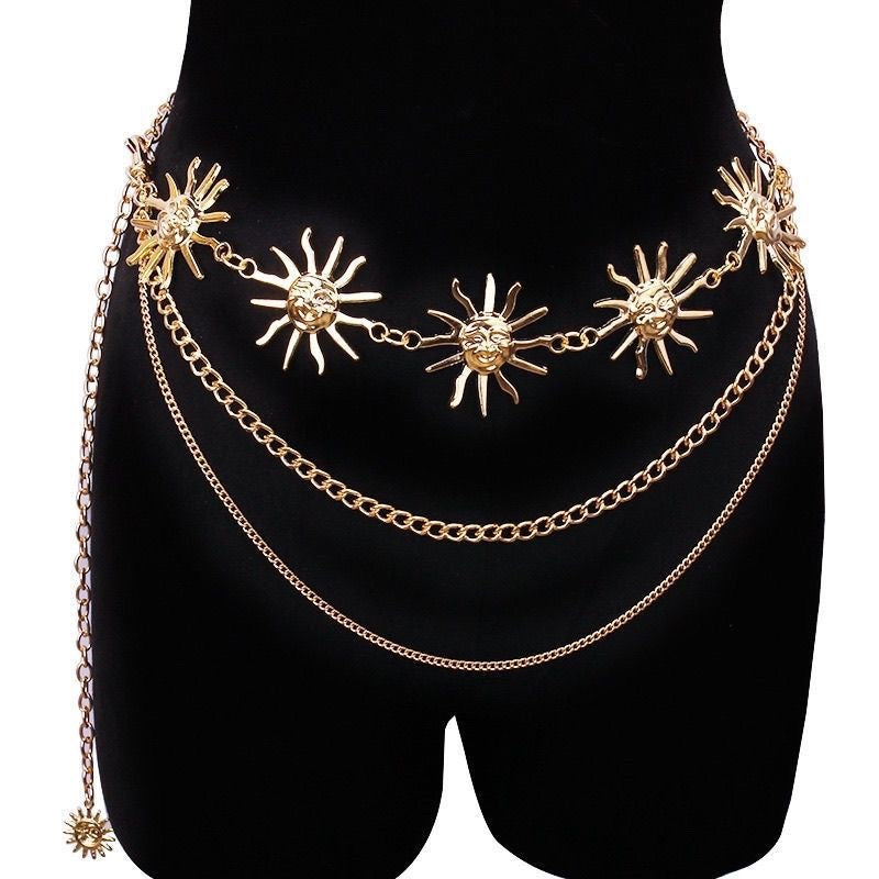Gold Sun Face Multi-Layer Chain Belt