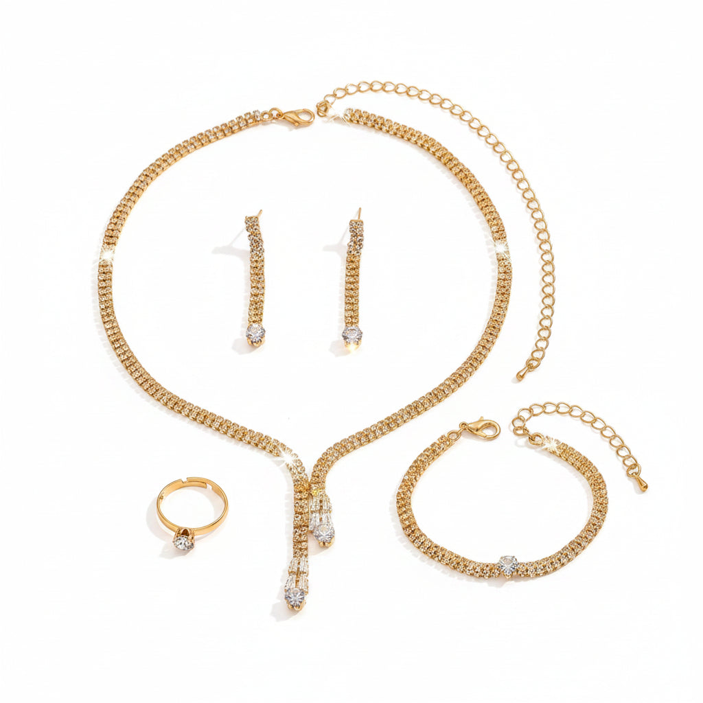 Gold Crystal Rhinestone 4-Piece Jewellery Set